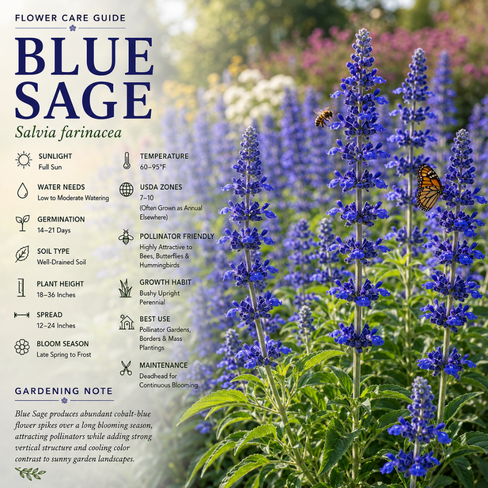 100 Pcs Blue Sage Seeds for Planting Outdoors, Non-GMO Heirloom Perennial Herb Seeds, Low Maintenance Blue Flower for Yard Borders