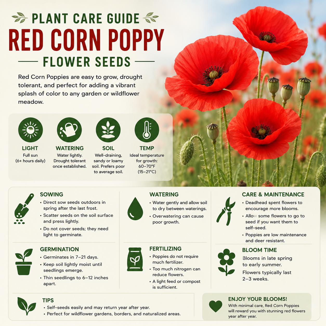Red Corn Poppy Flower Seeds, 500 Count, Non GMO, Heirlooms, Annual Wildflower Seeds for Outdoor Garden Planting