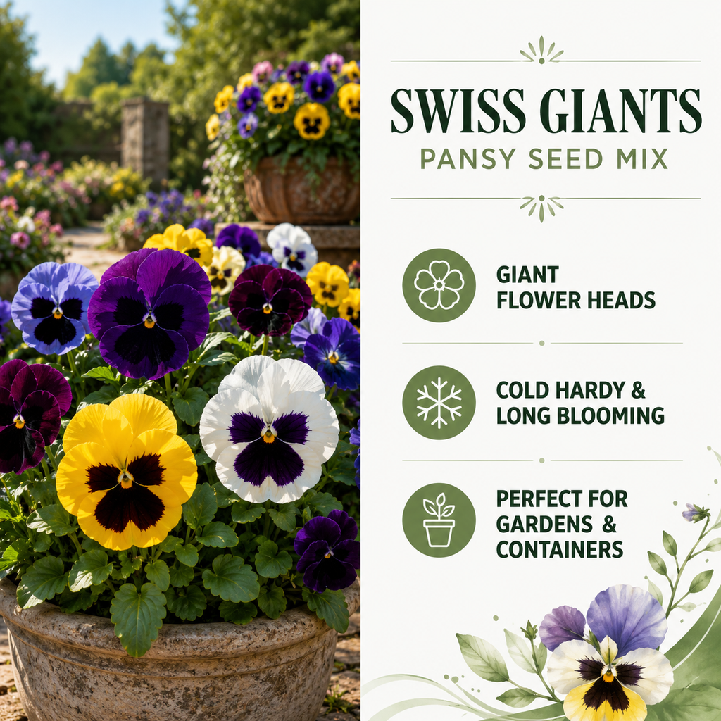 300 Swiss Giants Pansy Seed Mix for Planting, Heirloom, Non-GMO Viola Bush, Charming Cottage Garden Flower Seeds, for Pots, Borders & Gardens