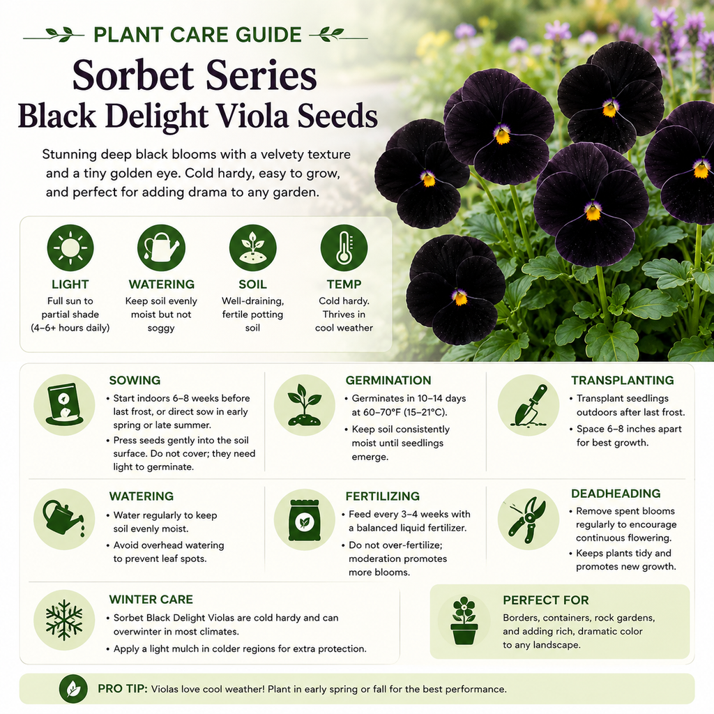 50 Sorbet Series Black Delight Viola Seeds, Non GMO, Heirlooms, Early Blooms Flowering Plants, for Containers, Garden Borders & Landscapes