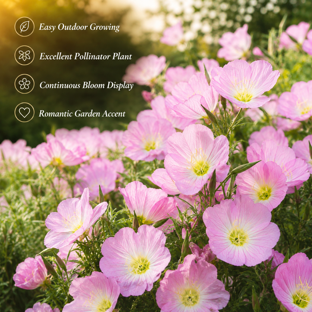 1500 Showy Evening Primrose Seeds for Planting, Non GMO, Heirloom, Fragrant Soft Pink Wildflower Seeds, Ideal for Gardens & Landscaping