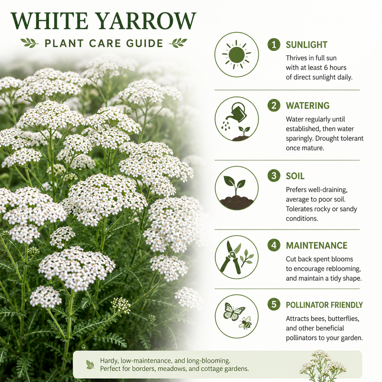 500 White Yarrow Seeds, Non GMO, Hardy, Drought Tolerant Native Flower, High-Yielding Achillea Groundcover for Rock Gardens