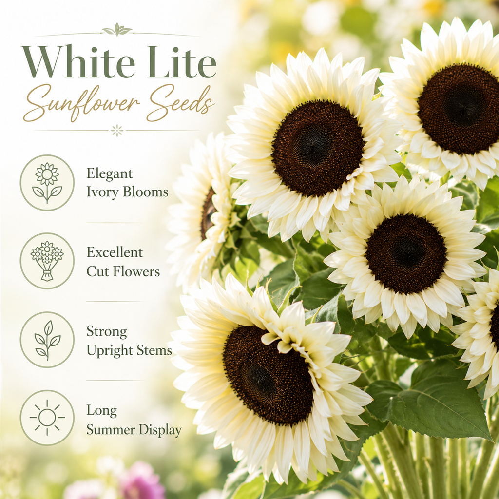 20 White Nite Sunflower Seeds, Non-GMO, Annual Sunflower Seeds, Creamy White Petals with Dark Center Cut Flowers, Ideal for Borders & Outdoor Spaces