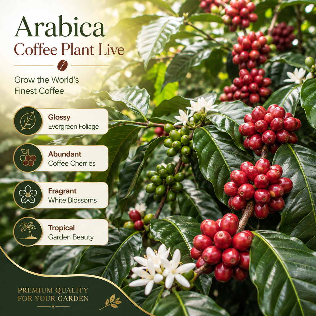 Arabica Coffee Live Plant, 2-3 Feet Tall in 3 Gallon Pot, Glossy Evergreen Houseplant for Indoor Decor and Kitchen Gardens (No Ship to CA, HI, AK)