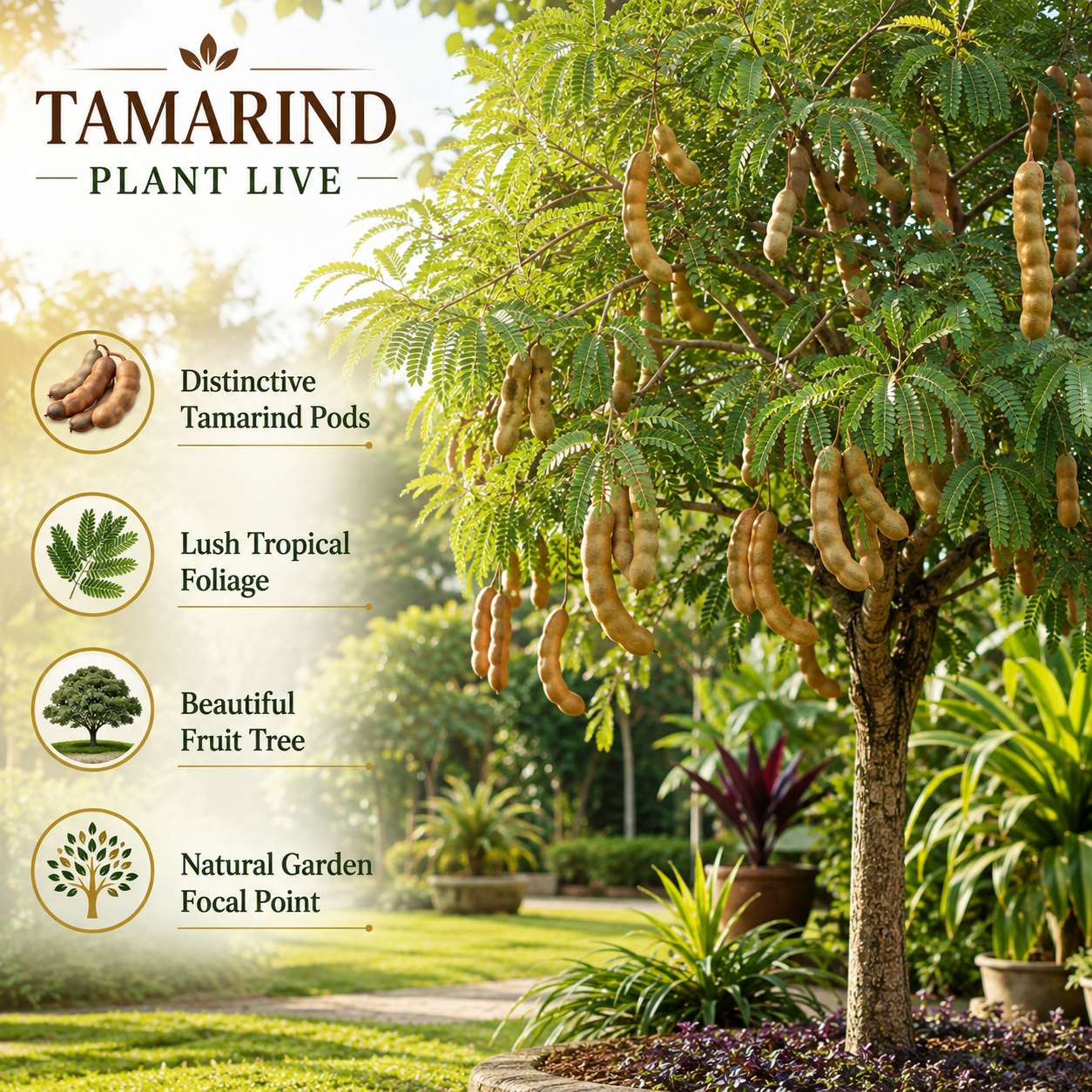Sweet Tamarind Tree Live Plant, 1 Feet Tall Potted Plant, 1 Gallon Size, Easy Care Tropical Greenery, Fruit Tree for Home Landscapes (No Ship to CA,HI,AK)