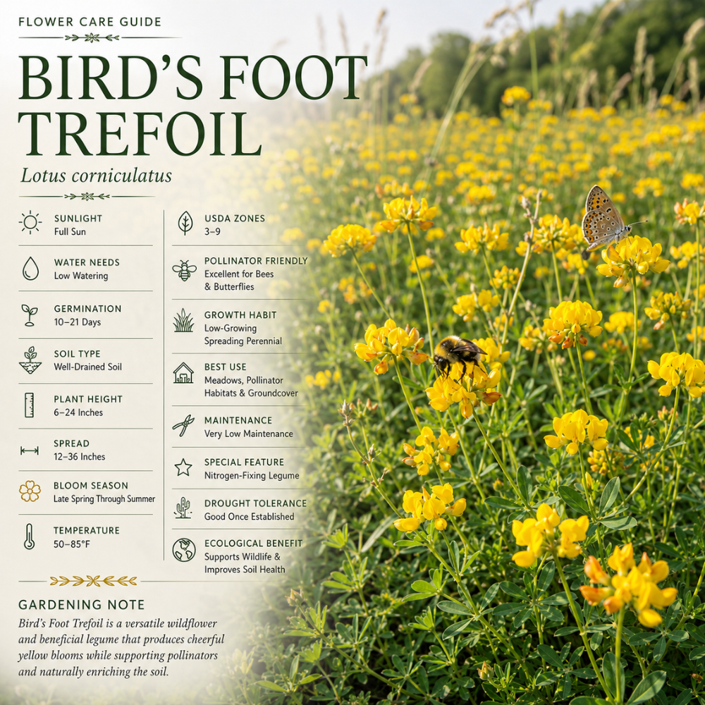 200 Pcs Bird's Foot Trefoil Seeds, Heirloom Non-GMO Perennial, Sturdy Low Maintenance Cold-Hardy Yellow Blooms