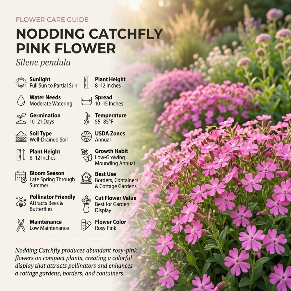 300 Pcs Nodding Catchfly Seeds, Heirloom Non-GMO Wildflowers, Low Maintenance Cold-Hardy Drooping Pink Blooms for Yard Borders