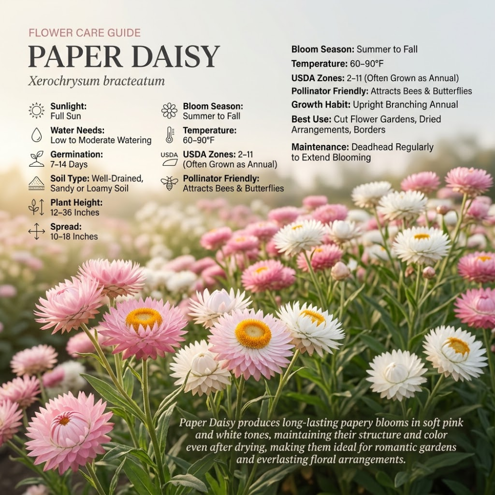 500 Pcs Paper Daisy Seeds for Planting Outdoors, Non-GMO Heirloom Everlasting Flowers, Low Maintenance Blooms for Cut Arrangements & Dried Floral Decor