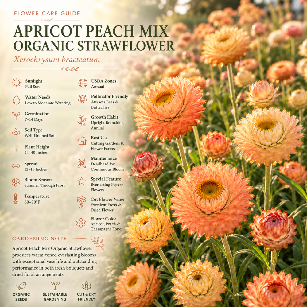 25 Pcs Organic Apricot Peach Strawflower Seeds Heirloom Non-GMO Annual, Low Maintenance Blooms for Everlasting Cut Flowers