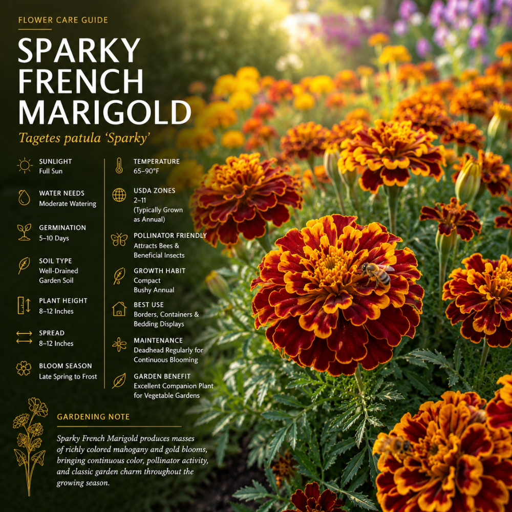 300 Pcs Sparky French Marigold Seeds for Planting Outdoor, Non-GMO Heirloom Wavy Double Flowers, Low Maintenance Orange & Gold Blooms for Yard Borders