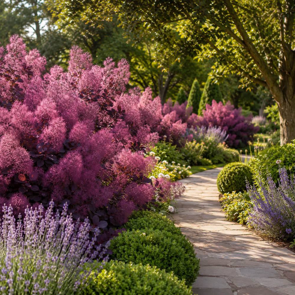 Purple Smoke Bush Plant, 4" Pot - 12-18 Inch Tall, Vigorous Growth Habit with Vibrant Red Autumn Leaves, Live Tree for Modern Landscapes