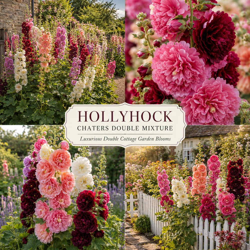 50 Hollyhock Chaters Mix Seeds for Planting Outdoors, Vigorous Non-GMO Heirloom Flower Seeds, Sturdy Tall & Striking Ruffled Blooms for Gardens