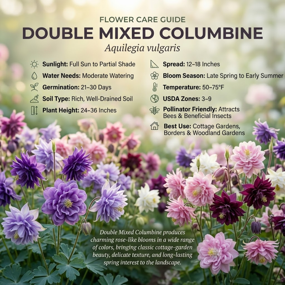 100 Pcs Columbine Seeds for Planting, Non-GMO Heirloom Double Mixed Seeds, Low Maintenance Cold-Hardy Ruffled Blooms for Partially Shaded Gardens
