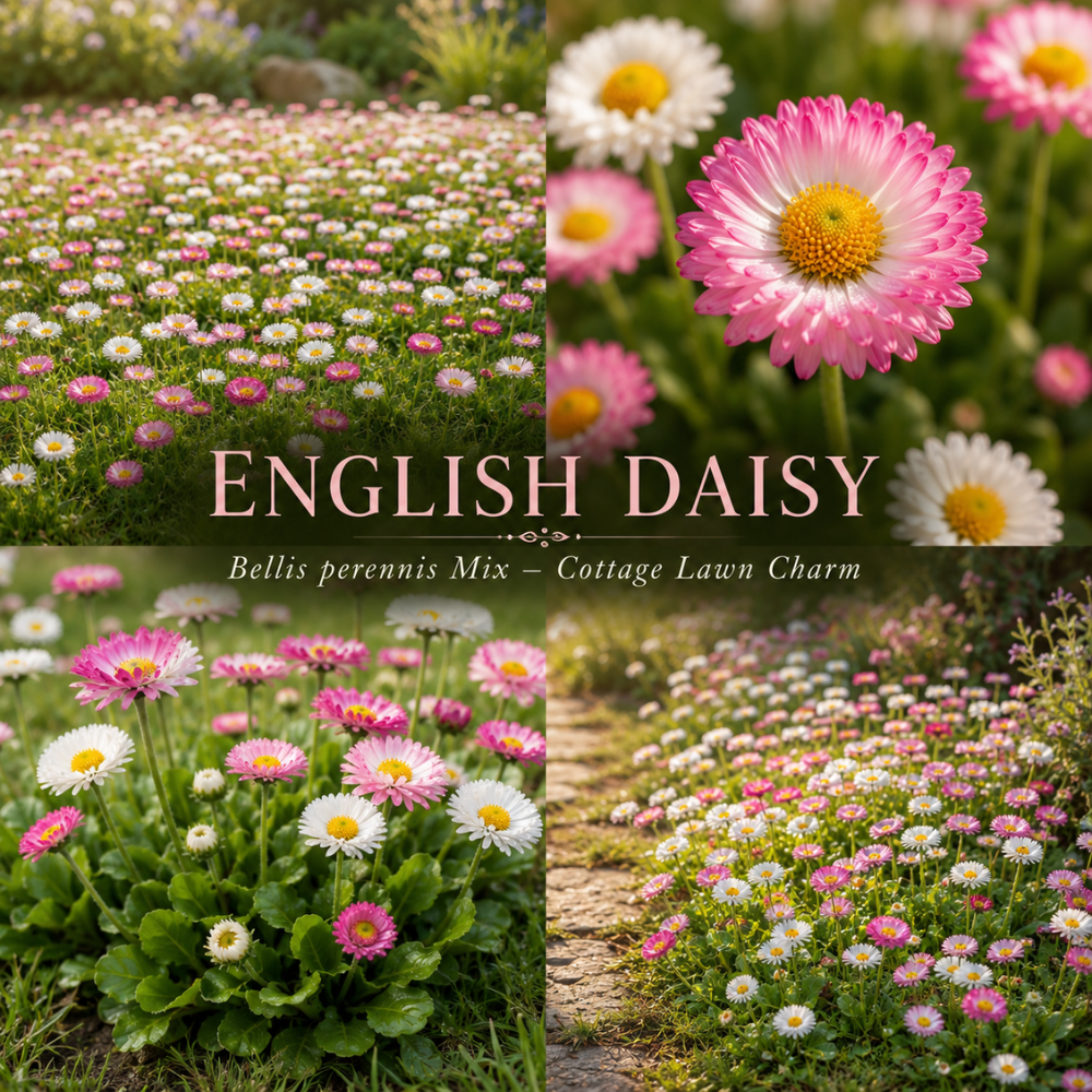 300 Pcs English Daisy Seeds Mix for Planting Outdoors, Non-GMO Heirloom Bellis Perennis, Low Maintenance Button Blooms for Spring Yard Borders