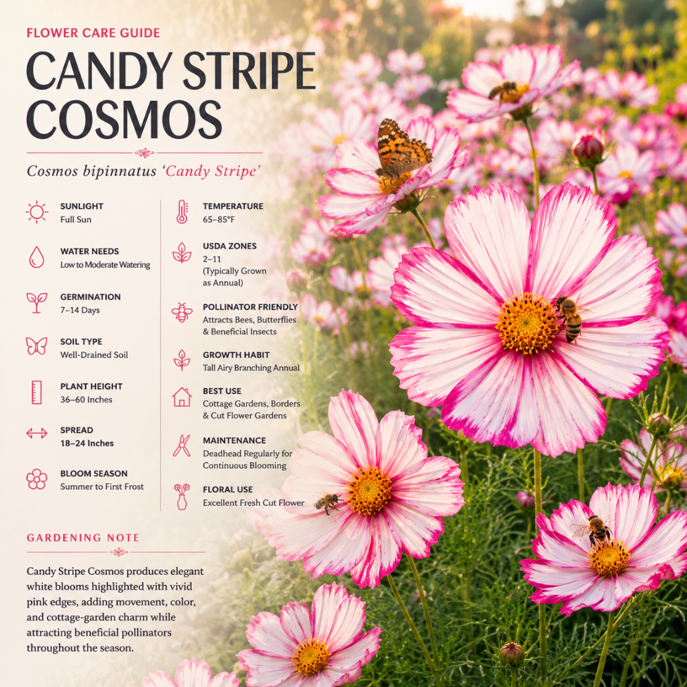 60 Pcs Candystripe Cosmos Seeds for Planting, Non-GMO Heirloom Pink & White Striped Flowers, Low Maintenance Blooms for Yard Borders