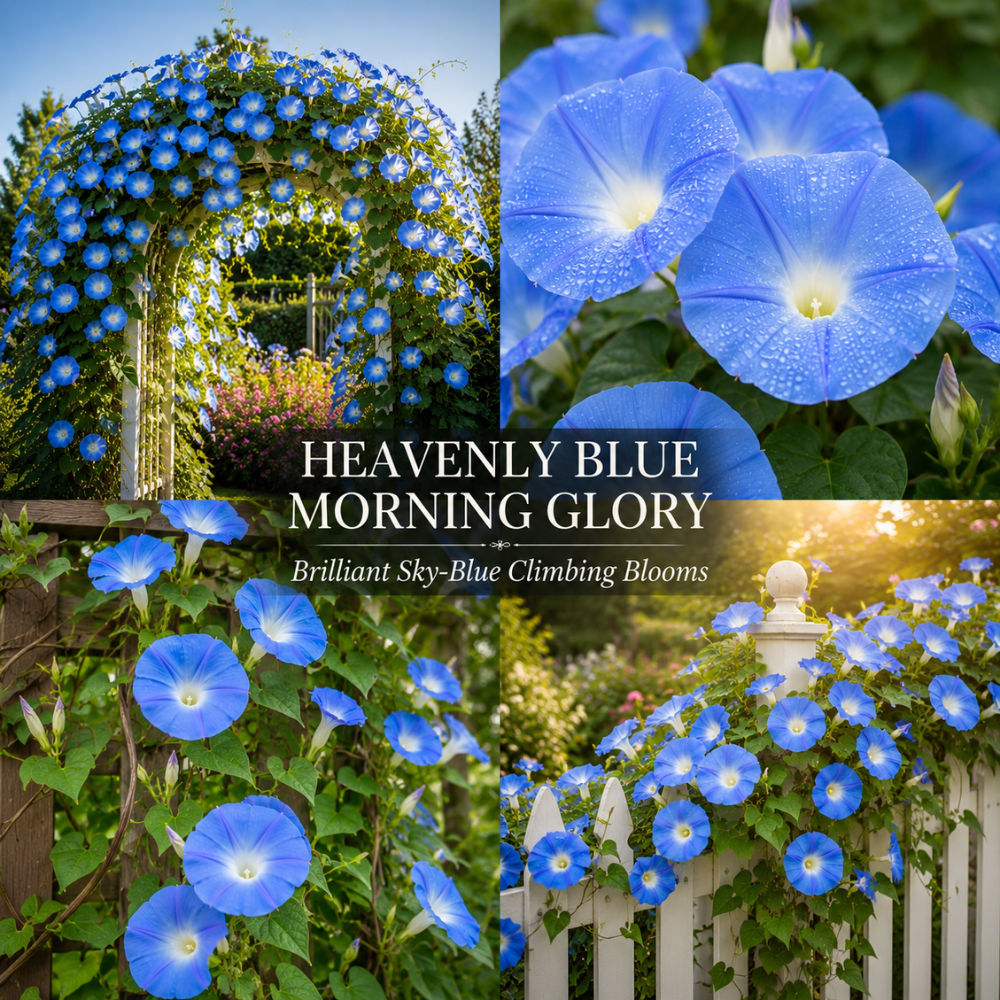 50 Pcs Morning Glory Seeds for Planting, Non-GMO Heirloom Heavenly Blue Seeds, Low Maintenance Sky Blue Blooms for Trellises & Fences