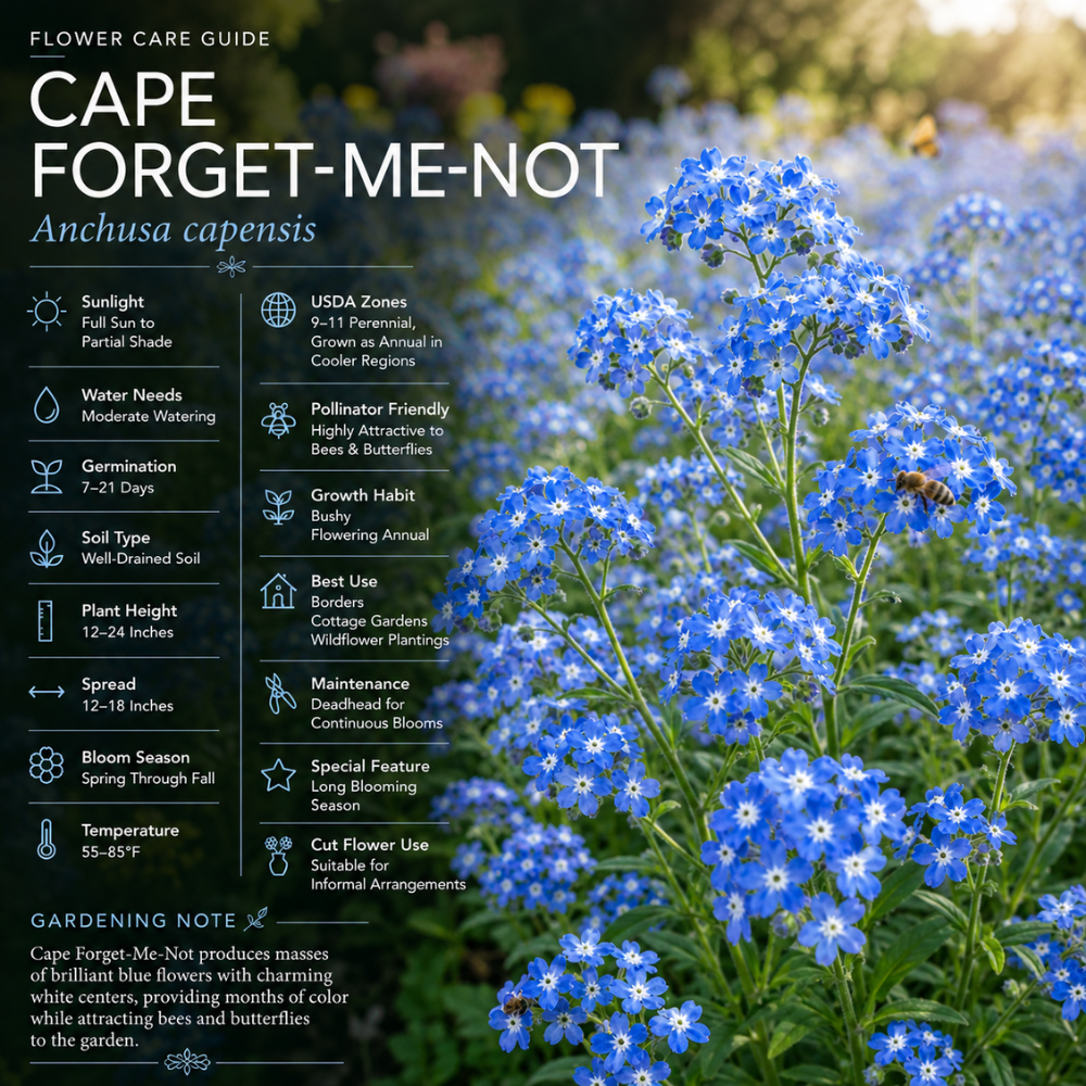 200 Pcs Cape Forget Me Not Seeds, Heirloom Non-GMO Summer Flowers, Low Maintenance Drought-Tolerant Blooms for Yard Borders