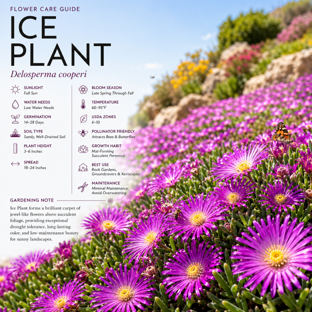 200 Pcs Ice Plant Seeds for Planting Outdoors, Non-GMO Heirloom Wildflower, Low Maintenance Pink Blooms for Rock Gardens