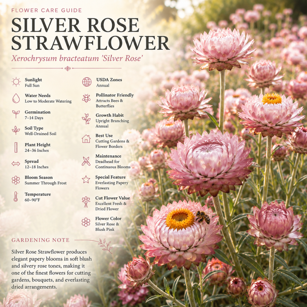 25 Pcs Silver Rose Strawflower Seeds, Heirloom Non-GMO Annual, Low Maintenance Silvery Pink Blooms for Cut Flowers