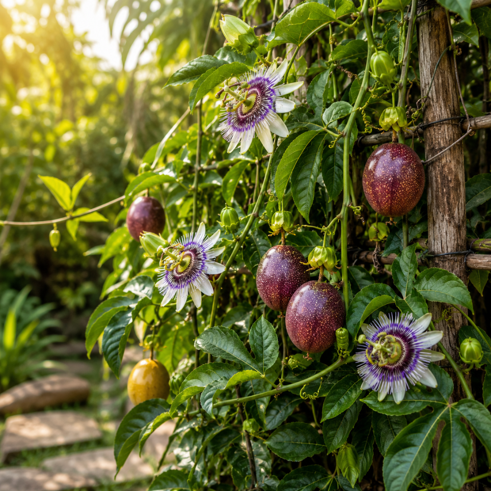 No Ship to CA, HI, AK, Passionfruit Live Plant, 1 Gallon Pot, Vigorous Climbing Plant for Edible Landscapes, Sturdy Tropical Fruit Vine for Sweet Harvests & Stunning Exotic Purple Flowers