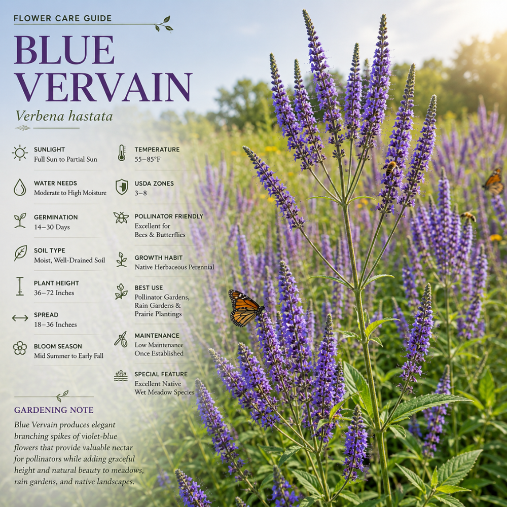 200 Pcs Blue Vervain Seeds for Planting Outdoors, Non-GMO Heirloom Perennial Flowers, Low Maintenance Purple-Blue Spikes for Moist Yard Borders