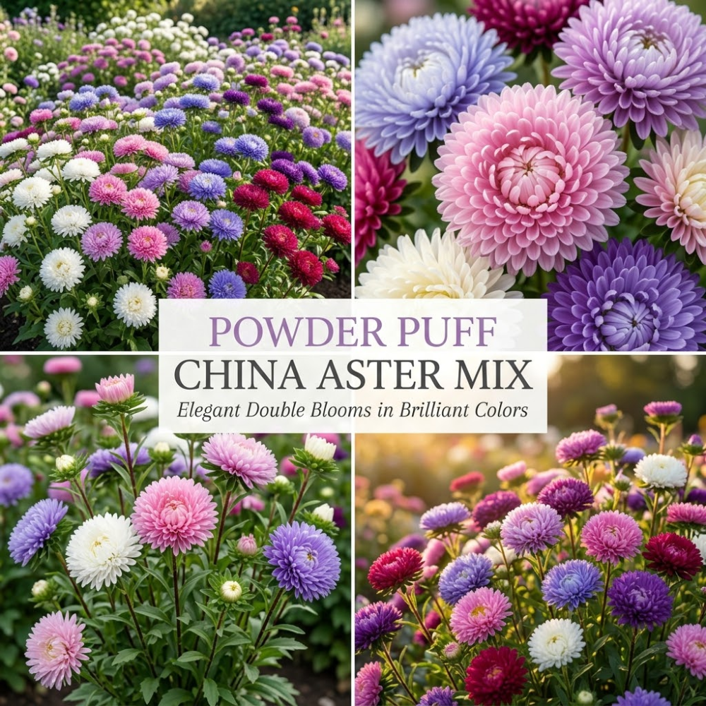 200 Pcs Powder Puff Aster Seeds Mix, Heirloom Non-GMO Annual, Low Maintenance Colorful Fluffy Blooms for Late Summer Yard Borders
