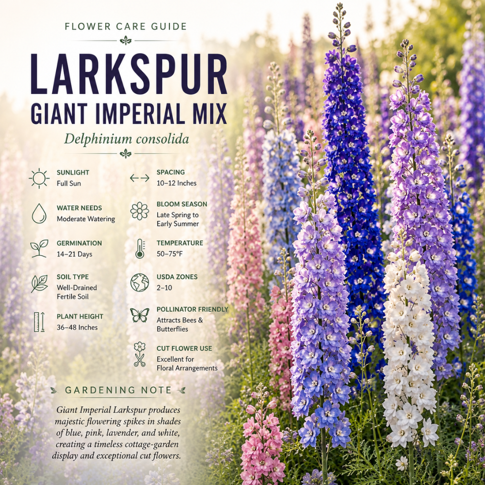 250 Rocket Larkspur Giant Imperial Mix Seeds for Planting Outdoors, Non-GMO Heirloom Flower Seeds, Sturdy Tall Stalks & Striking Floral Spikes for Cut Gardens
