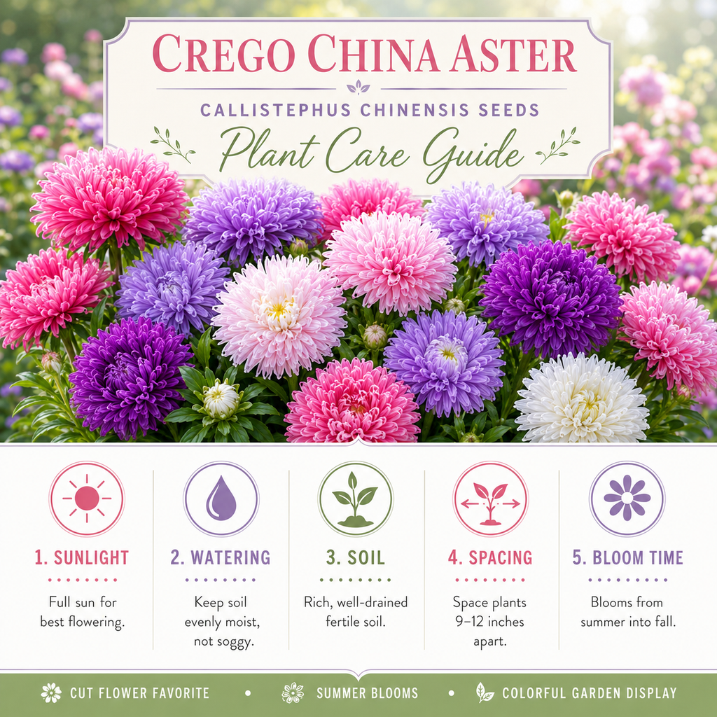 100 Crego Mix Aster Seeds, Non-GMO Callistephus chinensis Seeds, Heirloom, Vibrant Multi-Color Fluffy Feathered Blooms for Cut Flower Garden