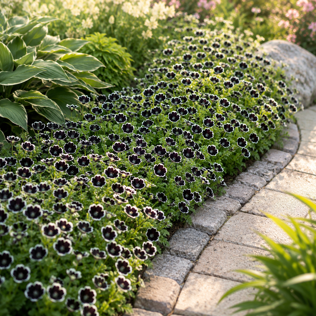 50 Pcs Penny Black Nemophila Seeds, Non GMO, Low Maintenance, Striking Deep Purple-Black Blooms for Patio Containers & Pollinator Gardens