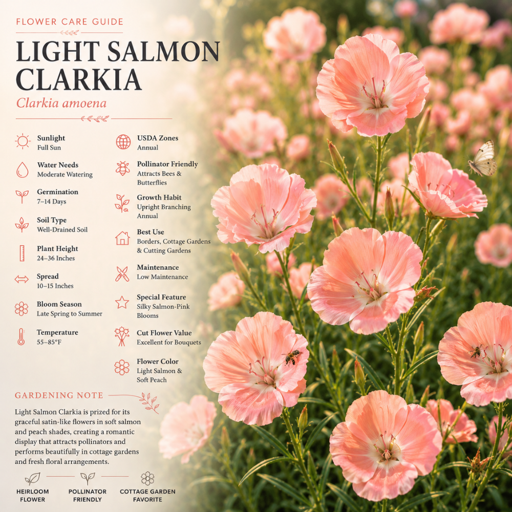 50 Pcs Salmon Clarkia Seeds, Heirloom Non-GMO Annual Flowers, Low Maintenance Ruffled Blooms for Cut Floral Bouquets