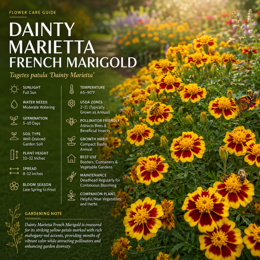 200 Pcs Dainty Marietta French Marigold Seeds for Planting Outdoors, Non-GMO Heirloom Dwarf Flowers, Low Maintenance Yellow & Maroon Blooms for Yard Borders