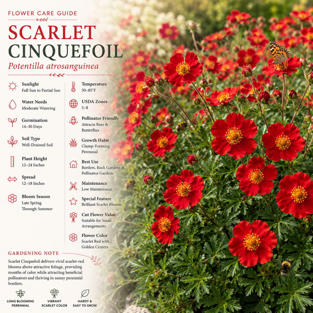 200 Pcs Scarlet Cinquefoil Seeds, Heirloom Non-GMO Perennial, Low Maintenance Deep Red Blooms for Yard Borders