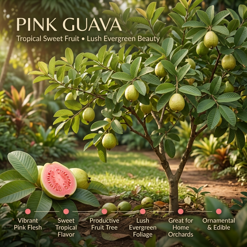 (No Ship to CA, HI, AK) Guava Tree Live Plant 3 Ft Tall - 3 Gallon Pot | Ruby Guava Tree with Fragrant Blooms & Pink Fruit, Versatile Guava Plants Live for Planting