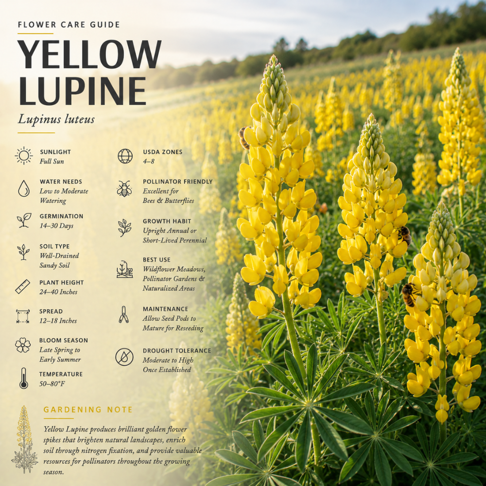 50 Pcs Yellow Russell Lupine Seeds for Planting Outdoors, Non-GMO Heirloom Wildflowers, Low Maintenance Tall Golden Floral Spikes for Yard Borders