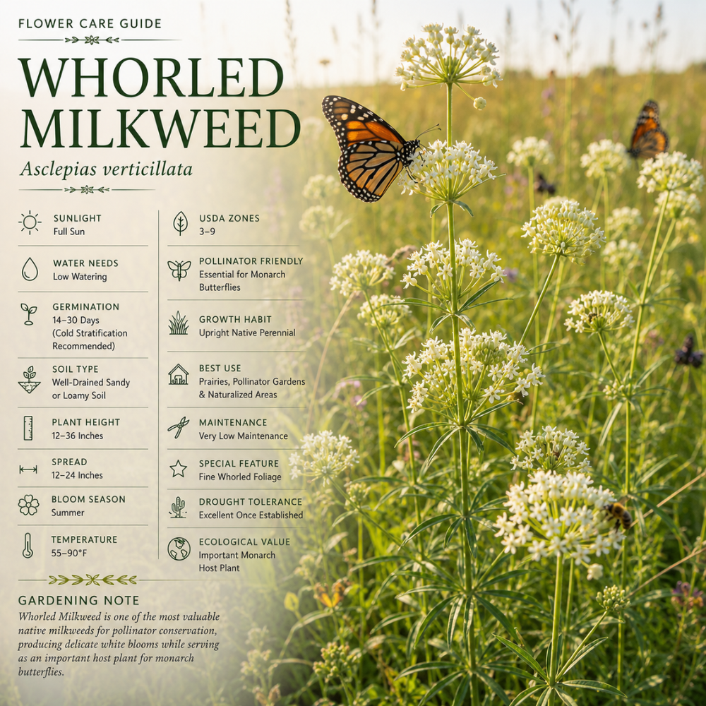 50 Whorled Milkweed Seeds, Heirloom Non-GMO Native Perennial, Low Maintenance White Blooms for Pollinator Gardens