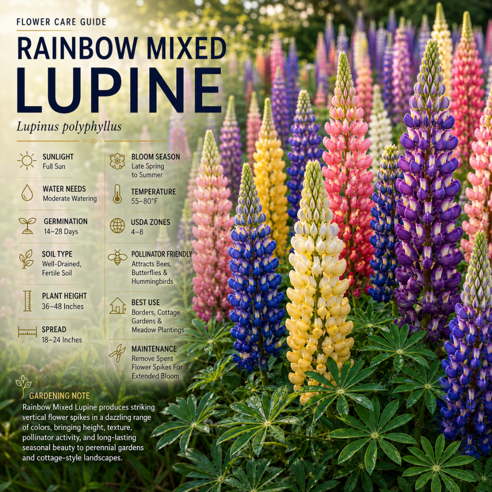 50 Pcs Lupine Seeds  Perennial, High Germination Rainbow Mix for Planting, Low Maintenance Tall Colorful Flowers for Sunlit Outdoor Gardens