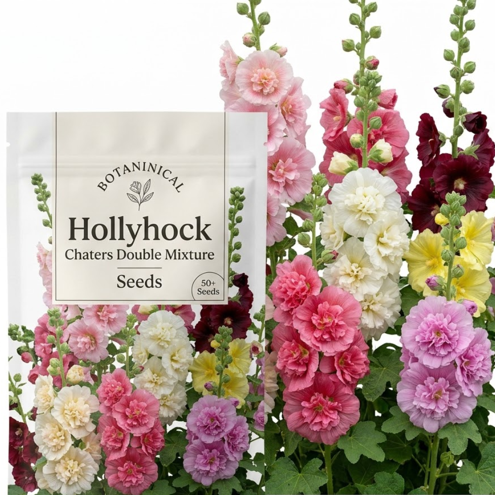 100 Hollyhock Seeds, High Germination Chaters Double Mix for Planting - Robust Low Maintenance Tall Flowers for Sunlit Yard Borders