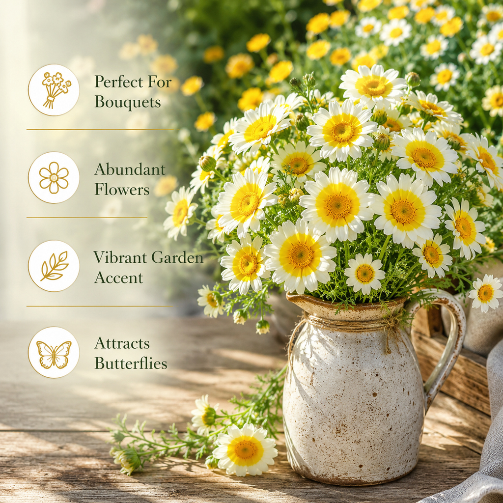 1500 Garland Daisy Seeds, Heirloom, Easy to Grow, Non-GMO Fast Growing Crown Daisy, Prolific Cut-and-Come-Again Edible Flower Bush, for Pots and Veggie Patches