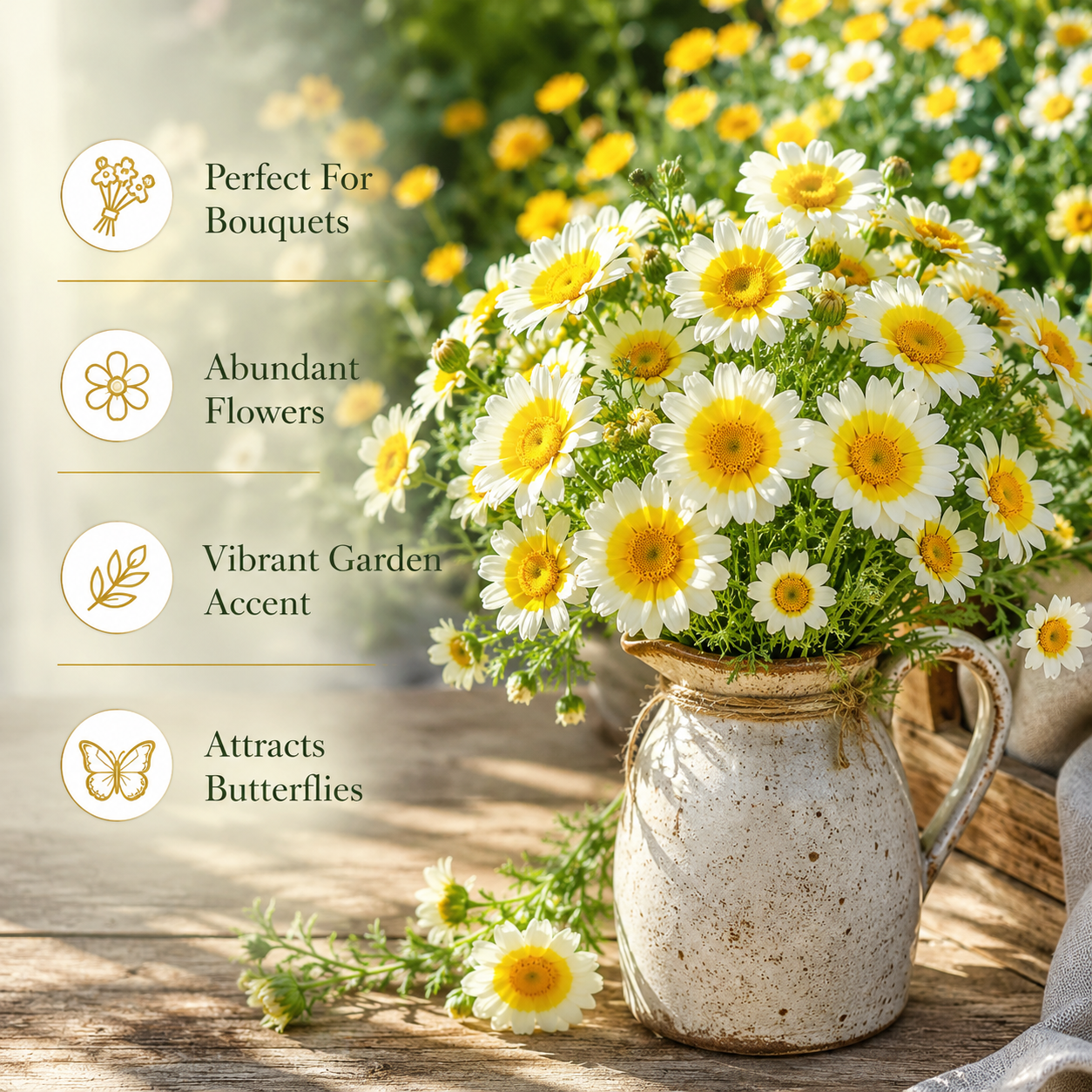1500 Garland Daisy Seeds, Heirloom, Easy to Grow, Non-GMO Fast Growing Crown Daisy, Prolific Cut-and-Come-Again Edible Flower Bush, for Pots and Veggie Patches