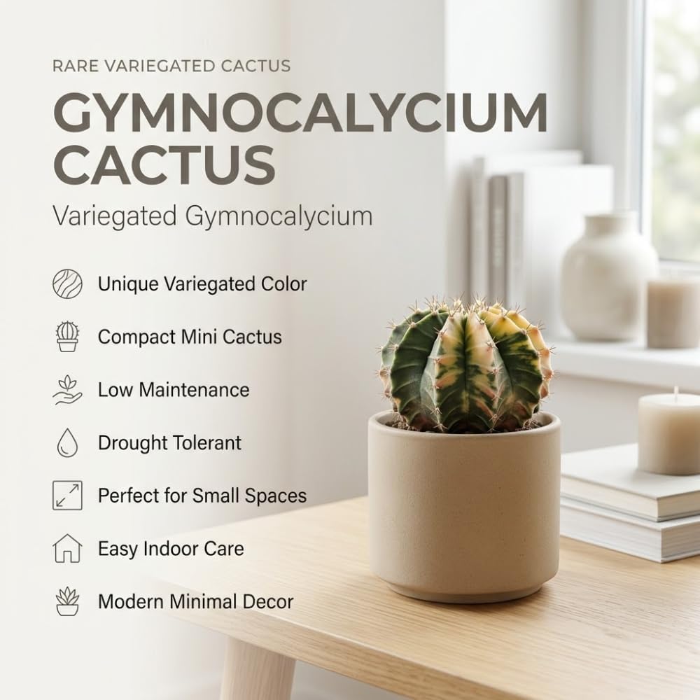 Variegated Gymnocalycium Cactus, 4" Pot, High-Vigor Low Maintenance Indoor Plant for Windowsills - Striking Pink & Yellow Ribbed Stem