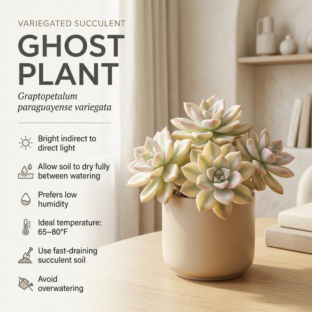 Live Succulent Plant, Variegated Ghost in 4 Inch Pot, Vigorous Graptopetalum Paraguayense Plant, Sturdy Low Maintenance Pet-Friendly Decor for Desks & Windowsills