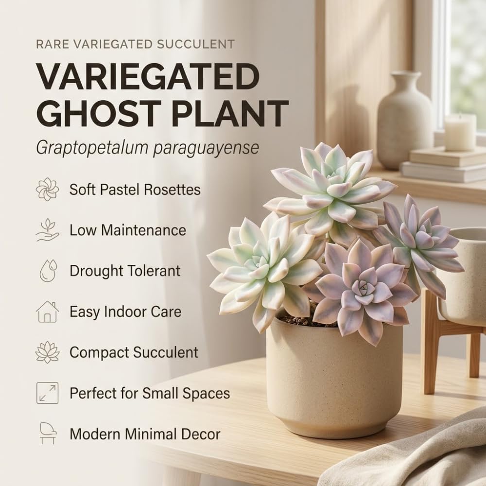 Variegated Ghost Plant Graptopetalum in 4" Pot, High-Vigor Low Maintenance Succulent - Pet-Friendly, Sturdy Growth for Shelves
