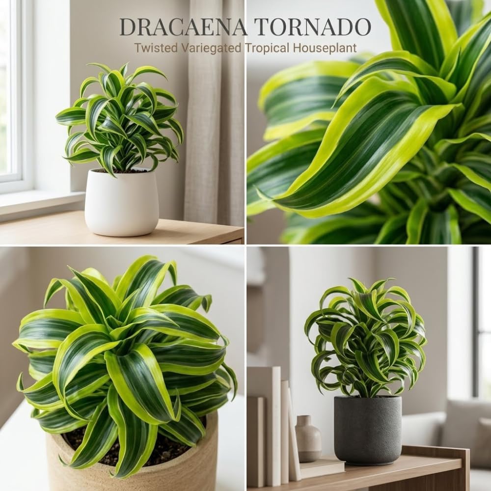 Dracaena Tornado Plant, 4" Pot, High-Vigor Low Maintenance Houseplant for Bright Windowsills, Striking Swirling Dark Green Foliage