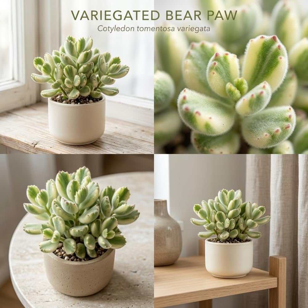 Variegated Bear Paw Succulent Plant Live, 2" Cotyledon Tomentosa Potted, Vigorous Houseplant, Easy to Care Drought Tolerant Decor