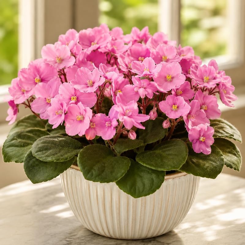 Pink African Violets Live Plant, 4-8" Tall African Violet Plant, Low Maintenance, Striking Velvet Leaves with Charming Pastel Blooms, for Home Décor & Gift