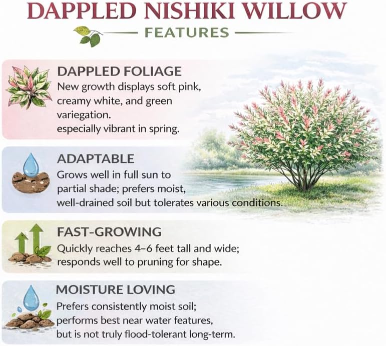 Japanese Dappled Willow Shrub Plant Live, 4 Inch Pot, Easy Care Salix Integra “Hakuro Nishiki”, Ornamental Deciduous Plant Ideal for Hedges, Borders & Outdoor Landscaping