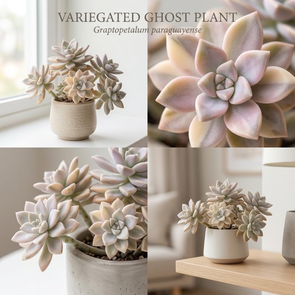 Live Succulent Plant, Variegated Ghost in 4 Inch Pot, Vigorous Graptopetalum Paraguayense Plant, Sturdy Low Maintenance Pet-Friendly Decor for Desks & Windowsills