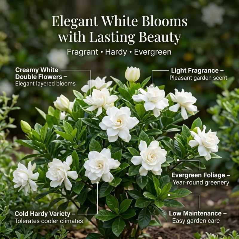 Frostproof Jasmine Gardenia Live Plant, 4-5 Inch Bare Root Starter, Vigorous Cold-Hardy Evergreen Shrub with Fragrant White Blooms, Sturdy Low Maintenance Flowering Hedge