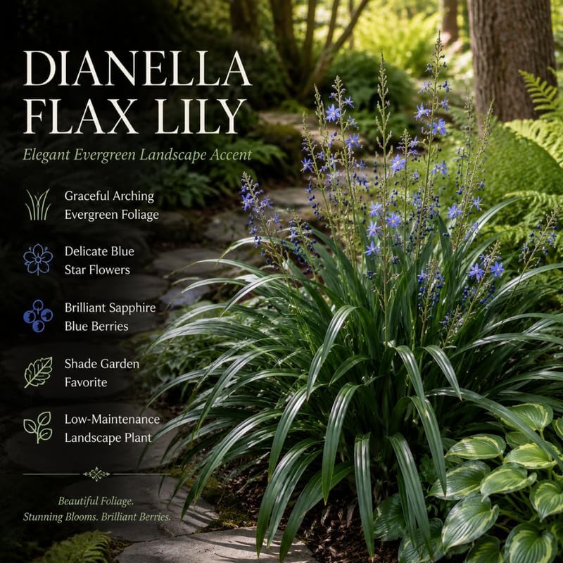 2 Flax Lily Live Plants,  4-6 Inch Tall, Well-Rooted Cold-Hardy Evergreen, Low Maintenance Grass for Shady Yard Borders
