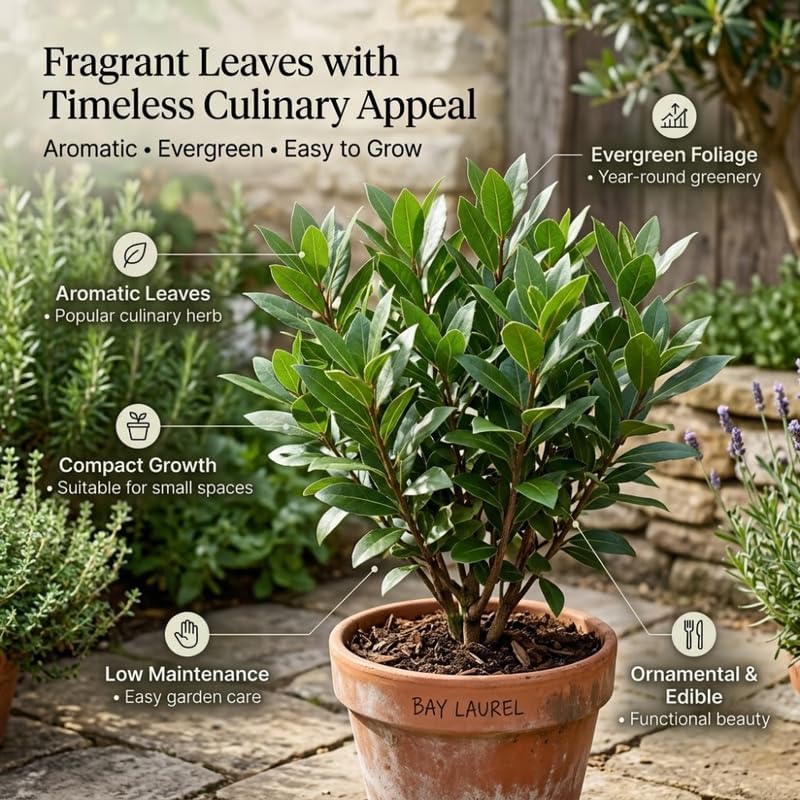 Bay Leaf Live Plant, 5-7 Inch Sweet Bay Tree Starter, Vigorous Culinary Herb for Indoor Kitchen Gardens & Outdoor Landscapes, Sturdy Aromatic Leaves